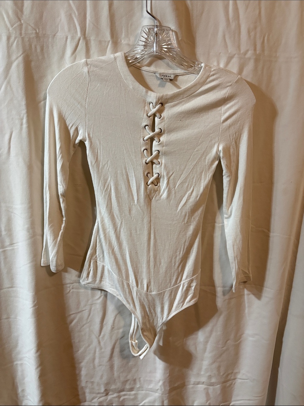 Guess Women’s White Lace-Up Ribbed Long Sleeve Bodysuit
